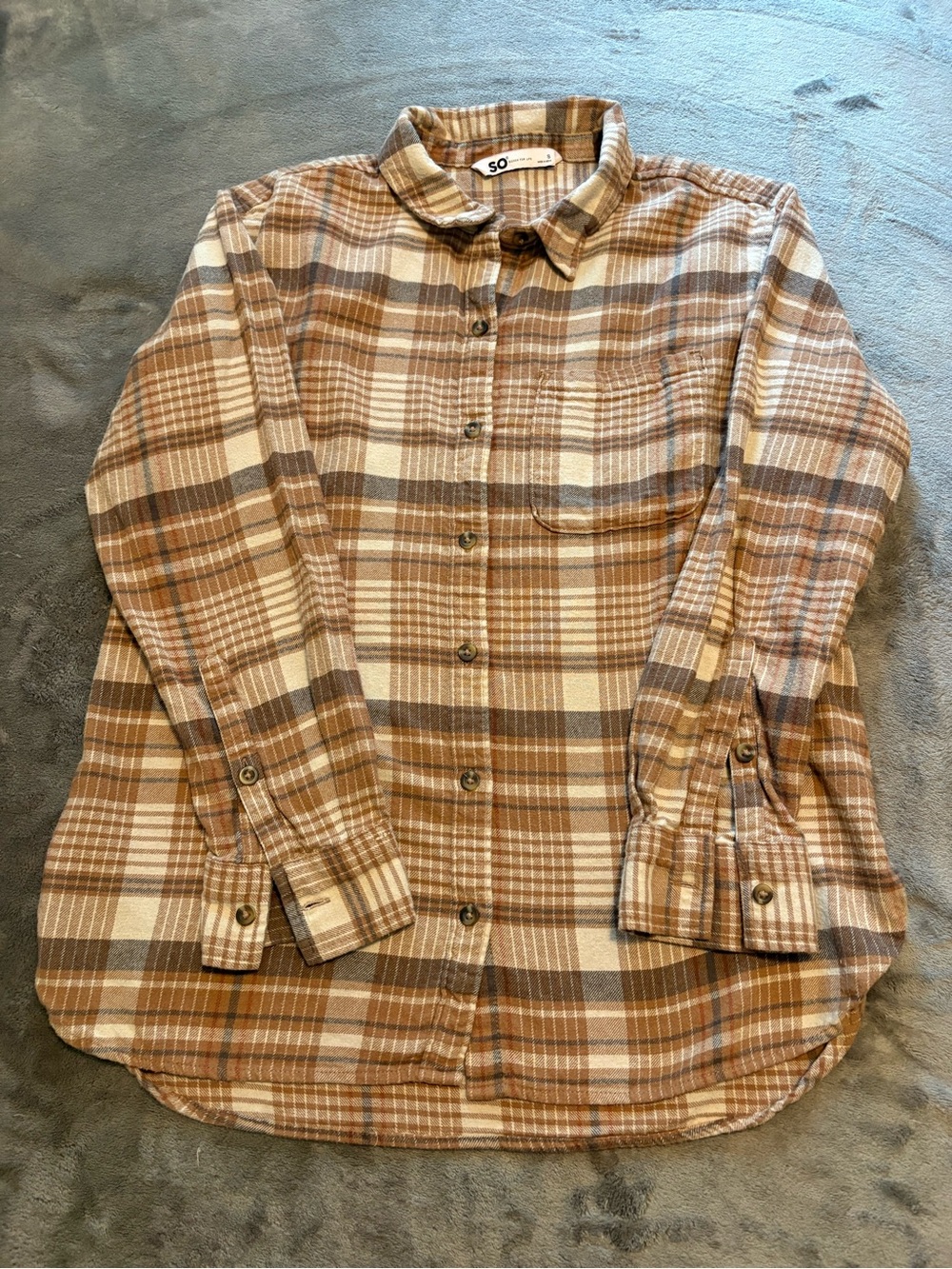 SO Women's Plaid Button-Down Shirt in Brown and Cream